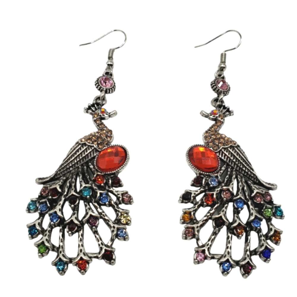 NEW Red Silver Gorgeous Peacock Chandelier Dangle Earrings